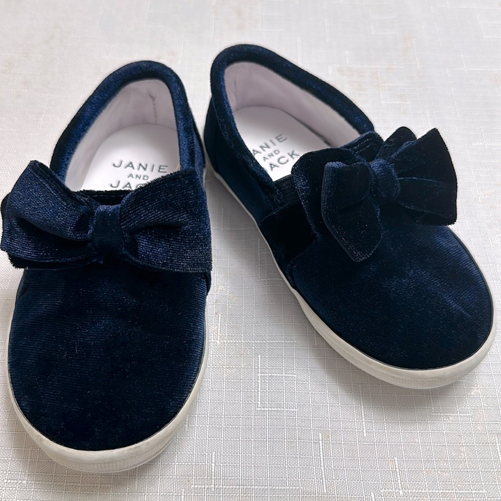 Janie and Jack Navy Velvet Bow Slip On Sneakers